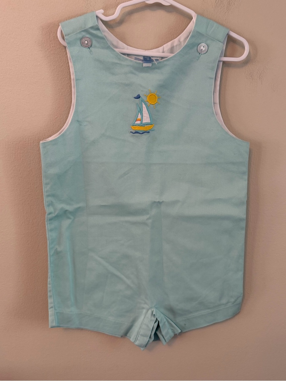 Little English Aqua Sailboat & Sun Embroidered Jon Jon